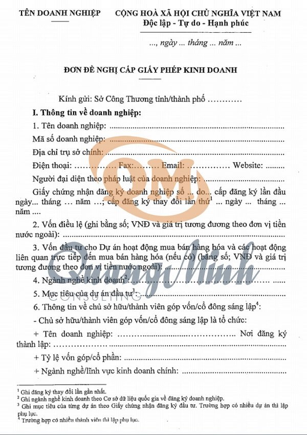 Mẫu đơn đề nghị cấp giấy phép kinh doanh
