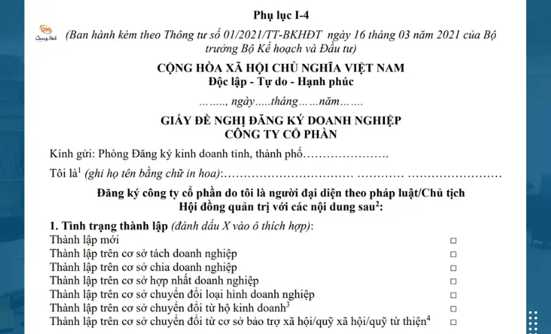 Mẫu giấy đề nghị đăng ký doanh nghiệp công ty cổ phần