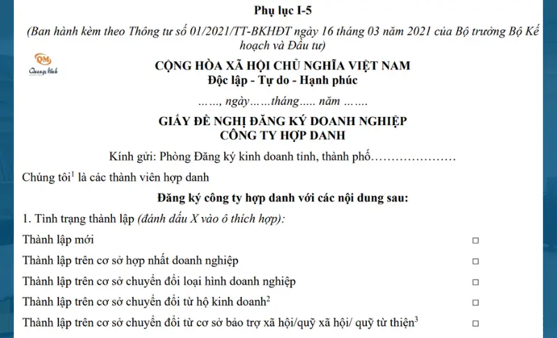 Mẫu giấy đề nghị đăng ký doanh nghiệp công ty hợp danh