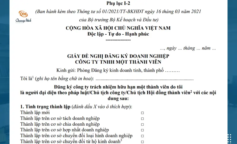 Mẫu giấy đề nghị đăng ký doanh nghiệp công ty tnhh một thành viên