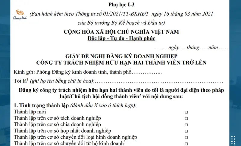 Mẫu giấy đề nghị đăng ký doanh nghiệp công ty tnhh hai thành viên