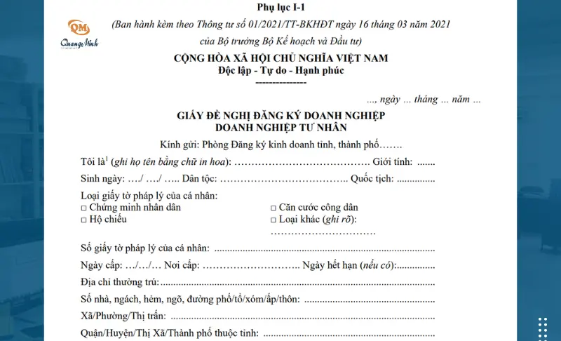 Mẫu giấy đề nghị đăng ký doanh nghiệp tư nhân