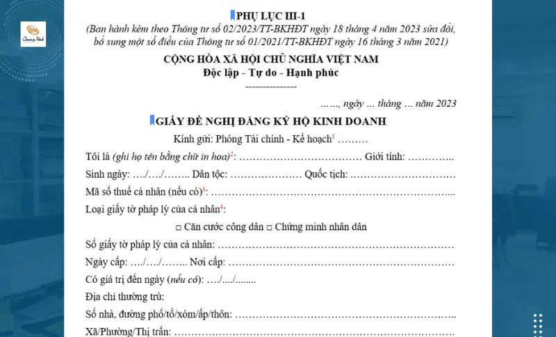 Mẫu giấy đề nghị đăng ký hộ kinh doanh